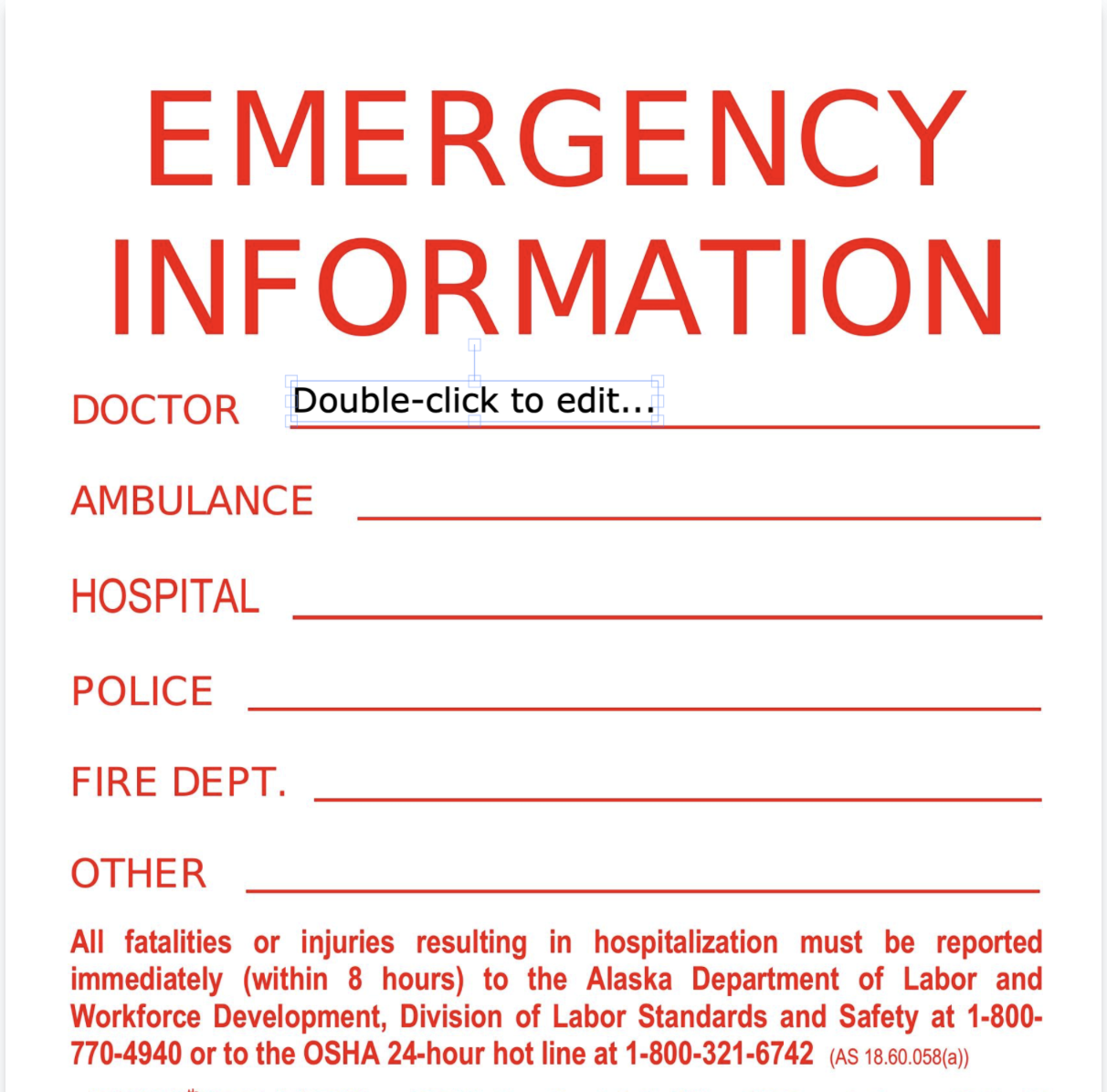 Fillable emergency information poster PDF