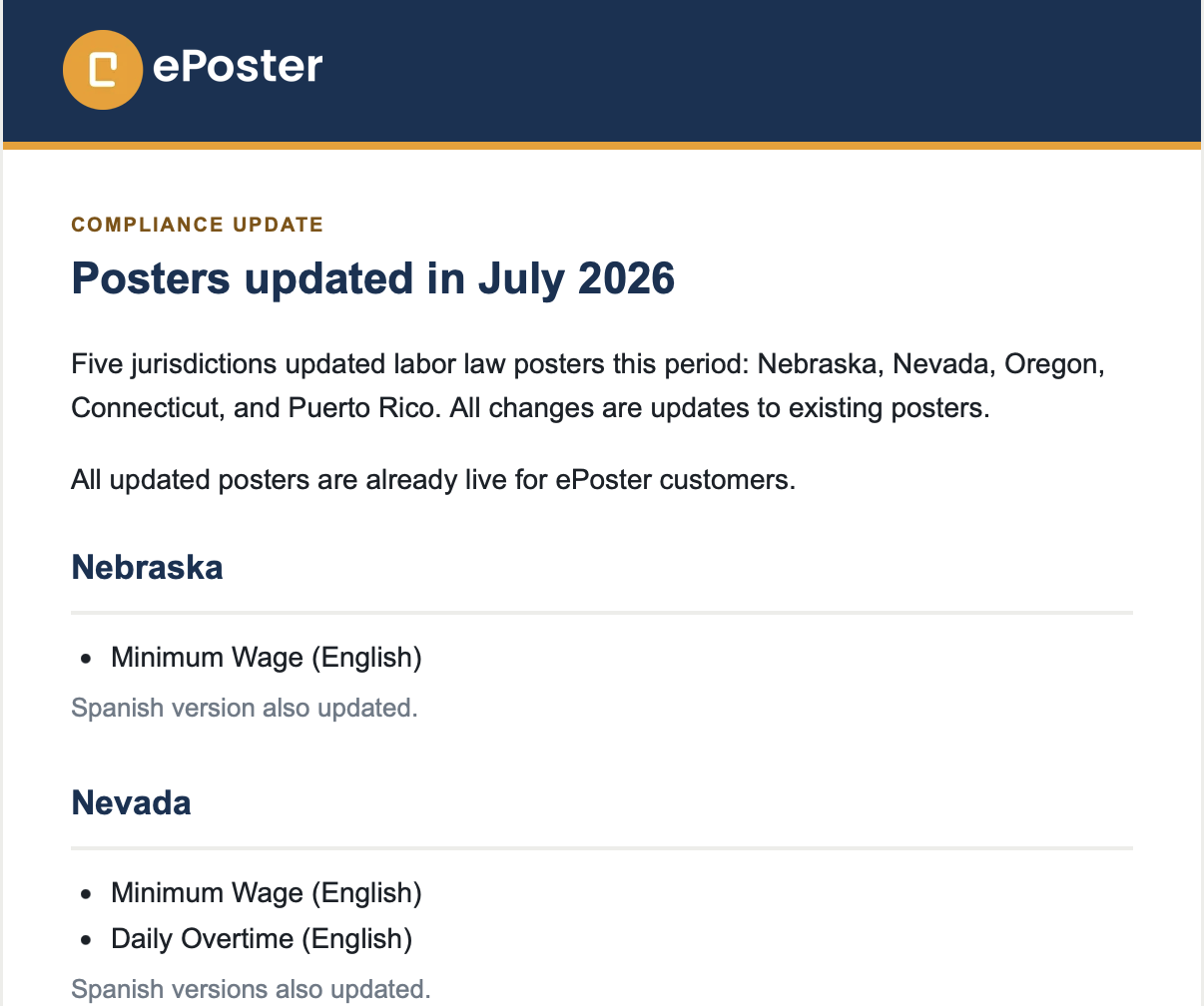 Monthly compliance update email listing poster changes